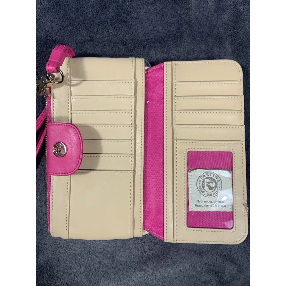 Spartina 449 Snap Wallet Genuine Leather Wristlet Pink Accents Geometric Design